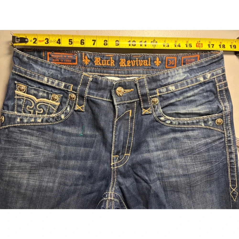 Rock Revival Curtis Straight Jeans Mens 36 Blue Distressed Thick Stitch Denim